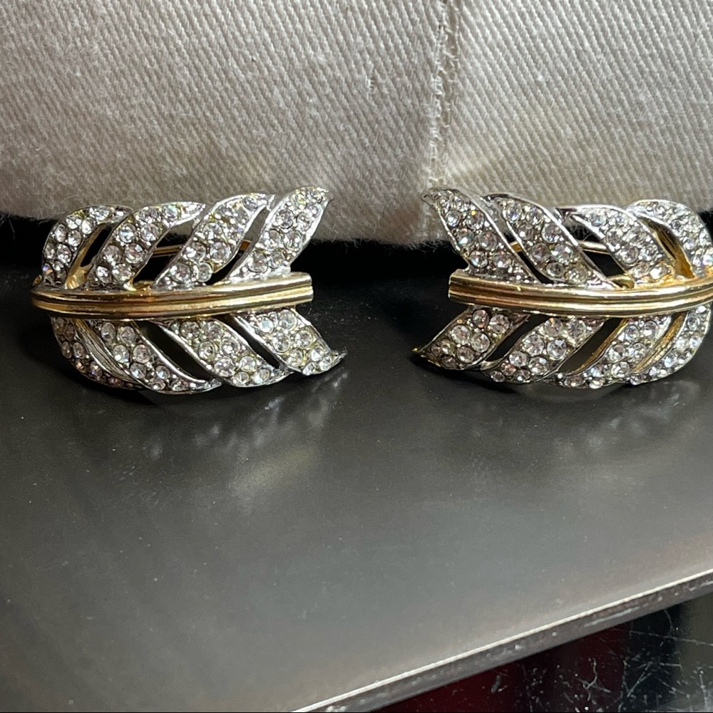 Vintage Silver & Gold Tone Rhinestone Leaf Pierced Earrings